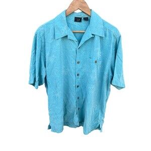 WtF Shirt Mens LARGE Silk Hawaiian Wood Button Up Blue Embossed Print Vacation